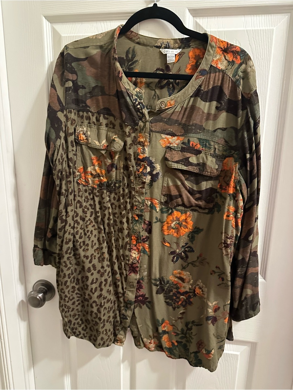 Cato Olive Mixed-Print Button Front Top with Orange Floral Detail
